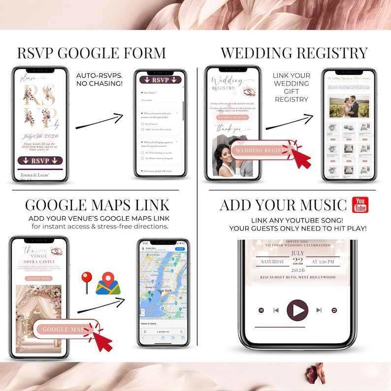 Google Maps link, wedding registry and music add-on preview for digital wedding invite, RSVP Google Form integration, blush animated Canva wedding template, full feature panel.