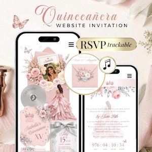 May include: A digital Quinceañera website invitation displayed on two smartphones. The design features soft pink roses, a photograph of a person in a gown, a music icon, and text including Isabella's Quinceañera, July 15, 2027, and RSVP trackable.