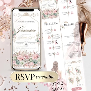 Editable Digital Quinceañera Invitation with Clickable RSVP Tracker – Sweet 15 / 16 Birthday Party Template – Online Evite Website Invite