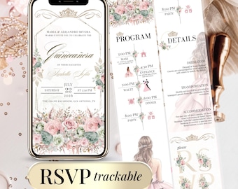 Editable Digital Quinceañera Invitation with Clickable RSVP Tracker – Sweet 15 / 16 Birthday Party Template – Online Evite Website Invite