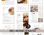 Fiche recette en français, 15 pages au format A4, modèle Canva à personnaliser, recettes de cuisine, feuilles de recettes.