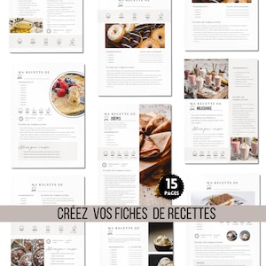 Fiche recette en français, 15 pages au format A4, modèle Canva à personnaliser, recettes de cuisine, feuilles de recettes.