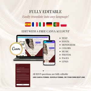 Canva wedding template editing screen shown on laptop and phone with editable RSVP form and language flags. Fully customizable digital wedding invitation website with editable text, fonts, monogram, colors, music, photos, pages and links.