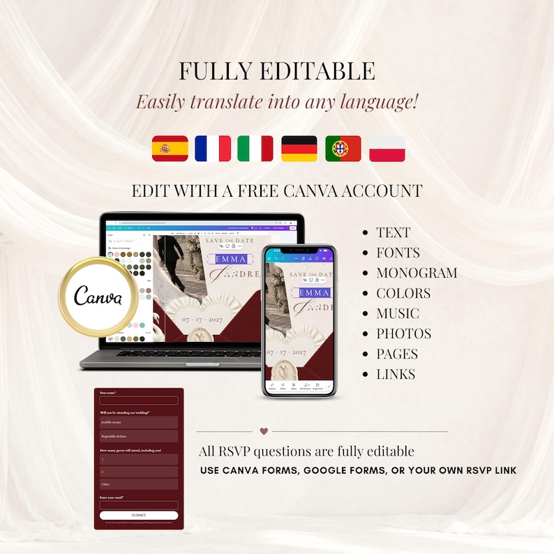Canva wedding template editing screen shown on laptop and phone with editable RSVP form and language flags. Fully customizable digital wedding invitation website with editable text, fonts, monogram, colors, music, photos, pages and links.