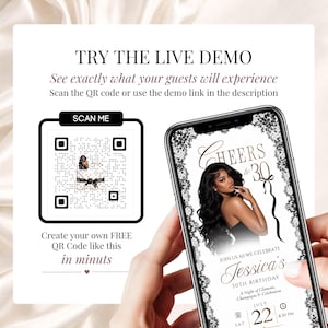 Black and white lace 30th birthday invitation shown on phone with live demo QR code. Glam digital birthday website with RSVP, music, clickable envelope and champagne gold details, editable in Canva for 30th, 40th, 50th or any age.
