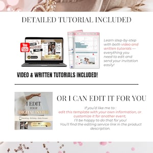 以下が含まれることがあります： デジタル招待状サービスの広告。画像には、結婚式の招待状を表示するラップトップ、編集手順が記載されたタブレット、およびテキスト「VIDEO & WRITTEN TUTORIALS INCLUDED！」が含まれています。
