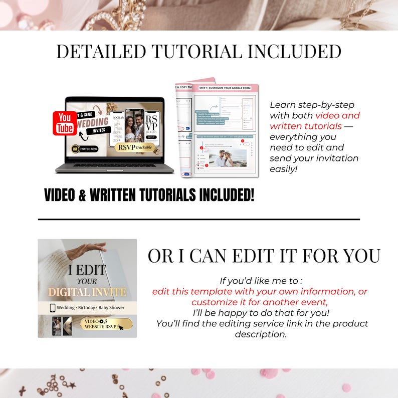 以下が含まれることがあります： デジタル招待状サービスの広告。画像には、結婚式の招待状を表示するラップトップ、編集手順が記載されたタブレット、およびテキスト「VIDEO & WRITTEN TUTORIALS INCLUDED！」が含まれています。