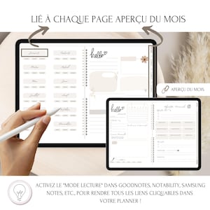 May include: A digital planner on a tablet screen with a white stylus. The planner has a monthly calendar, a to-do list, and a notes section. The text "LI&Eacute; &Agrave; CHAQUE PAGE APER&Ccedil;U DU MOIS" is at the top of the screen. The text "hello" is written in cursive on the planner.