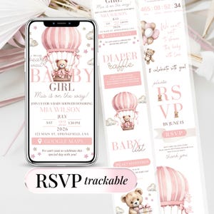 Baby Shower Invitation Template for Girl Editable Teddy Bear Balloon Pink Bear Invite and Trackable Online Rsvp Form - We Can Bearly Wait