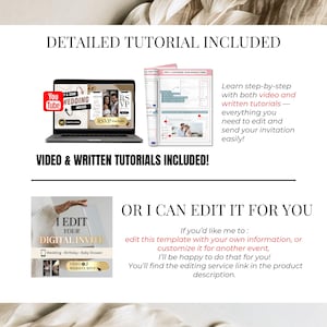 Wedding invitation template includes detailed tutorials – laptop preview with video instructions and PDF guides plus optional editing service where seller can personalize the digital invite for you – Canva wedding website RSVP template with support for custom edits – Templates4Branding