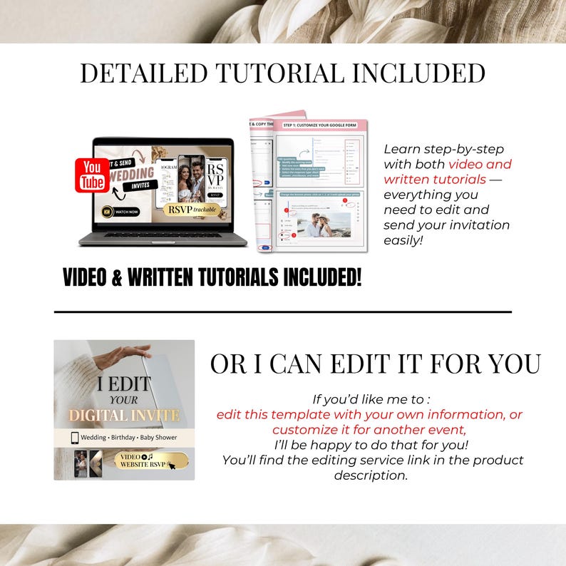 Wedding invitation template includes detailed tutorials – laptop preview with video instructions and PDF guides plus optional editing service where seller can personalize the digital invite for you – Canva wedding website RSVP template with support for custom edits – Templates4Branding