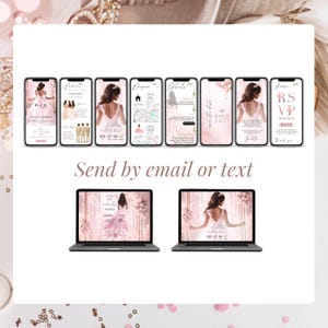 Luxury pink and gold Quinceañera invitation website with real-time RSVP tracking, princess-inspired details, Canva editable template, and easy sharing via SMS, WhatsApp, or email.
