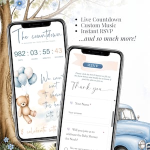 Baby Shower countdown timer, instant RSVP form, customizable YouTube music and interactive Teddy Bear Baby Shower website invitation for boys, fully editable in Canva.