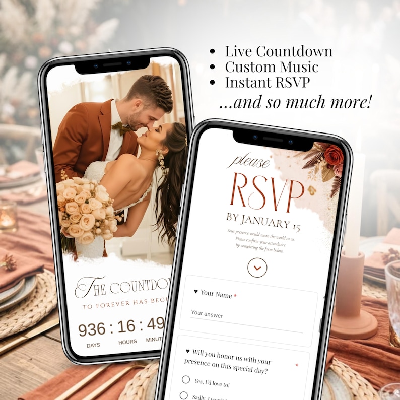 Interactive wedding invitation with RSVP, live countdown timer, custom music, burnt orange wedding website Canva template, terracotta wedding invitation, digital wedding RSVP invitation, modern fall wedding invite, paperless wedding website