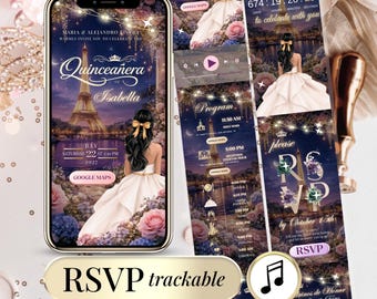 Quinceañera Invitation Paris by Night | Sweet 16 Digital Invitation Website | RSVP Tracker, Editable Canva, Music & Countdown