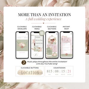 Interactive wedding website invitation Canva template showing clickable envelope, navigation menu, instant RSVP form, music player, countdown timer and pastel pink sage green wedding website design