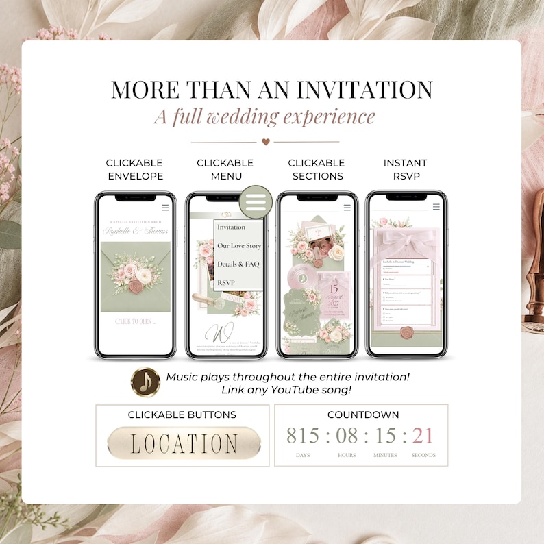 Interactive wedding website invitation Canva template showing clickable envelope, navigation menu, instant RSVP form, music player, countdown timer and pastel pink sage green wedding website design