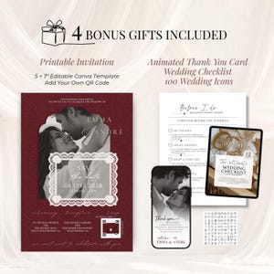 Burgundy printable wedding invitation beside an animated thank you card, wedding planning checklist and wedding icon set. Four bonus gifts included with this elegant burgundy lace wedding website Canva template.