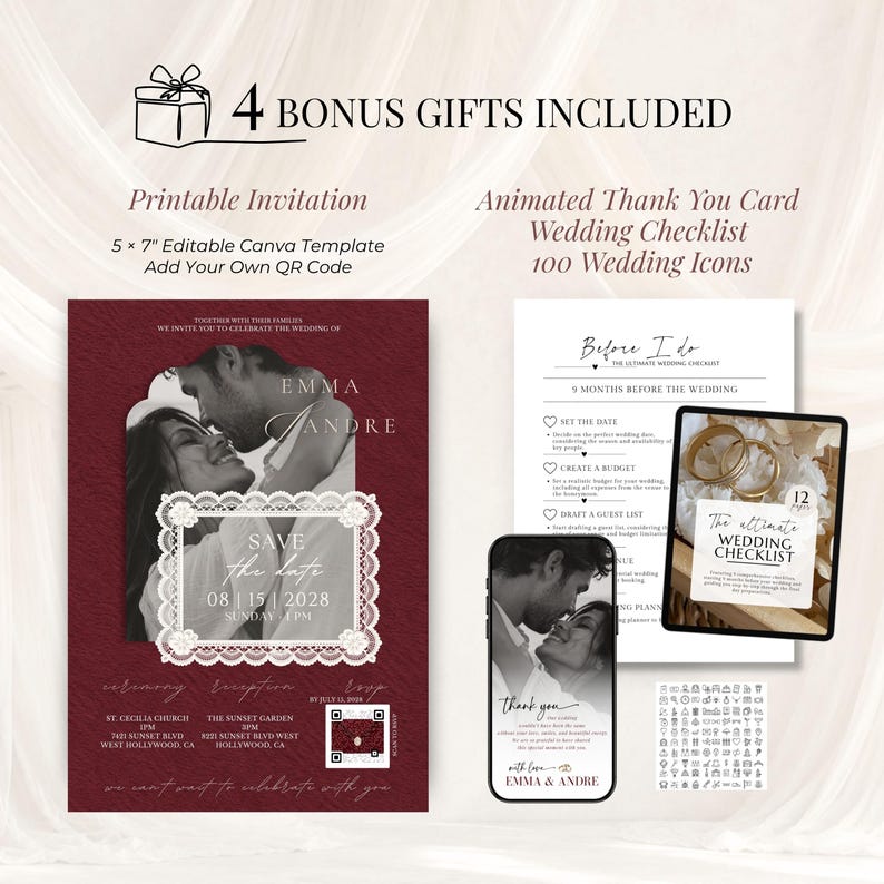 Burgundy printable wedding invitation beside an animated thank you card, wedding planning checklist and wedding icon set. Four bonus gifts included with this elegant burgundy lace wedding website Canva template.