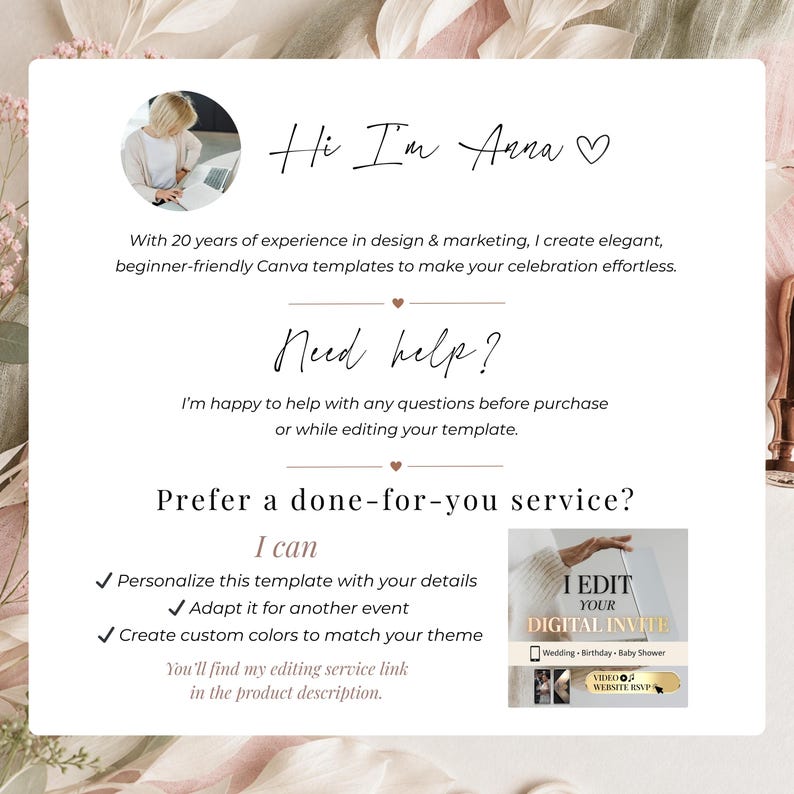 Editable Canva wedding invitation template by experienced designer offering custom wedding invitation editing service, romantic digital wedding RSVP website template support
