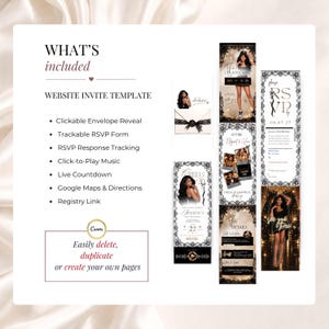 Black and white lace birthday invitation with RSVP, clickable envelope, champagne gold accents and music. Glam digital birthday website template for 30th, 40th, 50th or any age birthday party, editable in Canva.