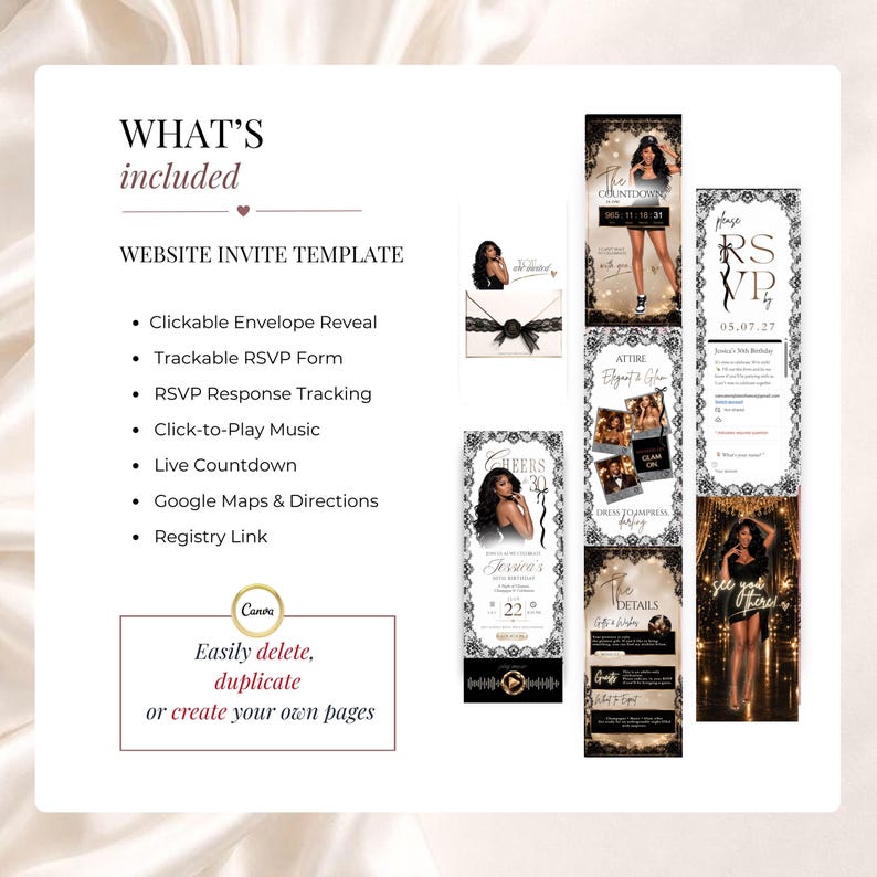 Black and white lace birthday invitation with RSVP, clickable envelope, champagne gold accents and music. Glam digital birthday website template for 30th, 40th, 50th or any age birthday party, editable in Canva.