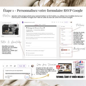 Étape 1 : personnalisation du formulaire RSVP Google, aperçu de la mise en page et instructions pour modifier les questions de l’invitation digitale de mariage.