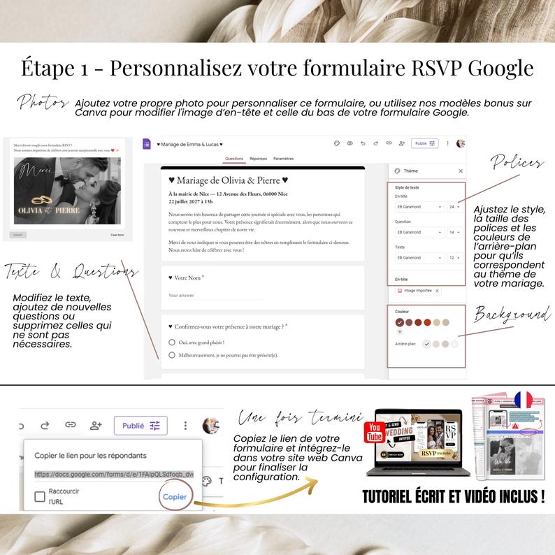 Étape 1 : personnalisation du formulaire RSVP Google, aperçu de la mise en page et instructions pour modifier les questions de l’invitation digitale de mariage.
