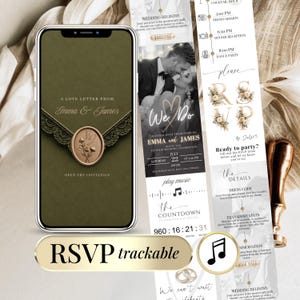 Peut inclure: Une invitation de mariage numérique affichée sur un écran de smartphone avec une enveloppe vert olive et un sceau de cire, accompagnée d'une mise en page verticale détaillant l'événement, un compte à rebours, un RSVP et un bouton doré RSVP trackable.