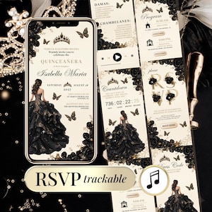 May include: A quinceañera invitation suite with a black and gold theme. The invitation includes a smartphone mockup, RSVP card, program, and countdown timer. The design features floral accents, butterflies, and a musical note icon.