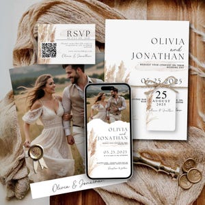 Modèles Invitation Mariage Bohème Rustique - Faire Part de Mariage Champêtre Canva Template DIY -Wedding Invitation Template Invitacion Boda