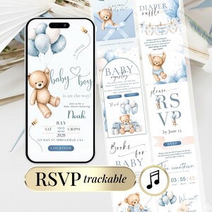 Watercolor Teddy Bear Baby Shower Website invitation for a baby boy featuring blue balloons, clickable envelope, RSVP, countdown timer, music, baby registry, diaper raffle, Books for Baby, editable Canva template with Google Form RSVP.