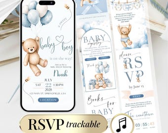 Teddy Bear Baby Shower Boy Invite, Bear Digital RSVP Baby Shower Template, Balloon Bear Shower, Editable Canva Baby Boy Invitation Website