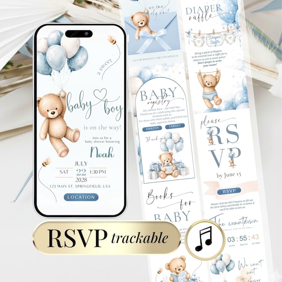 Teddy Bear Baby Shower Boy Invite, Bear Digital RSVP Baby Shower Template, Balloon Bear Shower, Editable Canva Baby Boy Invitation Website