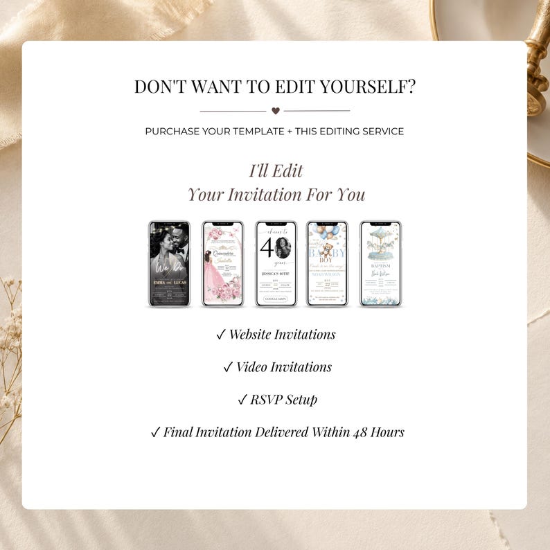 Editable Digital Invitation Editing Service for Wedding, Birthday and Baby Shower invitations. Professional Canva invitation customization, RSVP setup, website invitations and video invitations delivered within 48 hours.