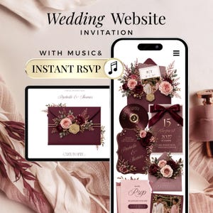 May include: A digital wedding website invitation displayed on a smartphone and tablet screen. The design features deep burgundy envelopes, floral arrangements with pink and dark red roses, gold wax seals, and text including Rachelle & Thomas.