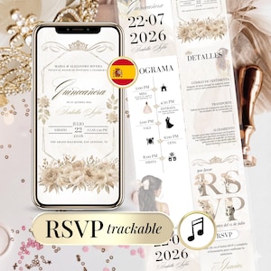 Digital Quinceañera invitation designed for a Sweet 15 birthday celebration in Spanish. Editable Canva digital invite featuring a trackable online RSVP form and instant download. Perfect for a modern Mis Quince Años party, this electronic birthday invitation is easy to personalize and share via WhatsApp, SMS, or email.