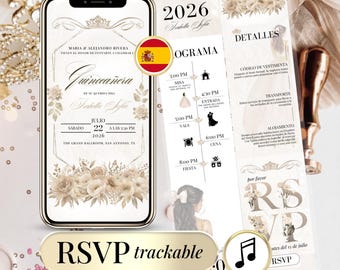Zaproszenie na Quinceañera w wersji cyfrowej – zaproszenie na 15. urodziny w języku hiszpańskim – edytowalny szablon Canva – możliwość śledzenia RSVP online – natychmiastowe pobranie
