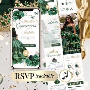 Smaragdgrüne Einladung zur Quinceañera, digitale Einladung zur Quinceañera, Online-RSVP, Sweet-16-Einladungsvorlage, Mis Quince Anos, florale Einladung zur Quince XV