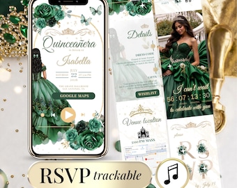 Smaragdgrüne Einladung zur Quinceañera, digitale Einladung zur Quinceañera, Online-RSVP, Sweet-16-Einladungsvorlage, Mis Quince Anos, florale Einladung zur Quince XV