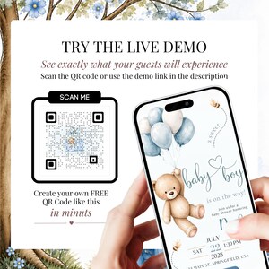 Live demo of the Teddy Bear Baby Shower Website invitation with QR code, editable Canva template, interactive RSVP, blue balloon bear design and mobile-friendly digital invite.