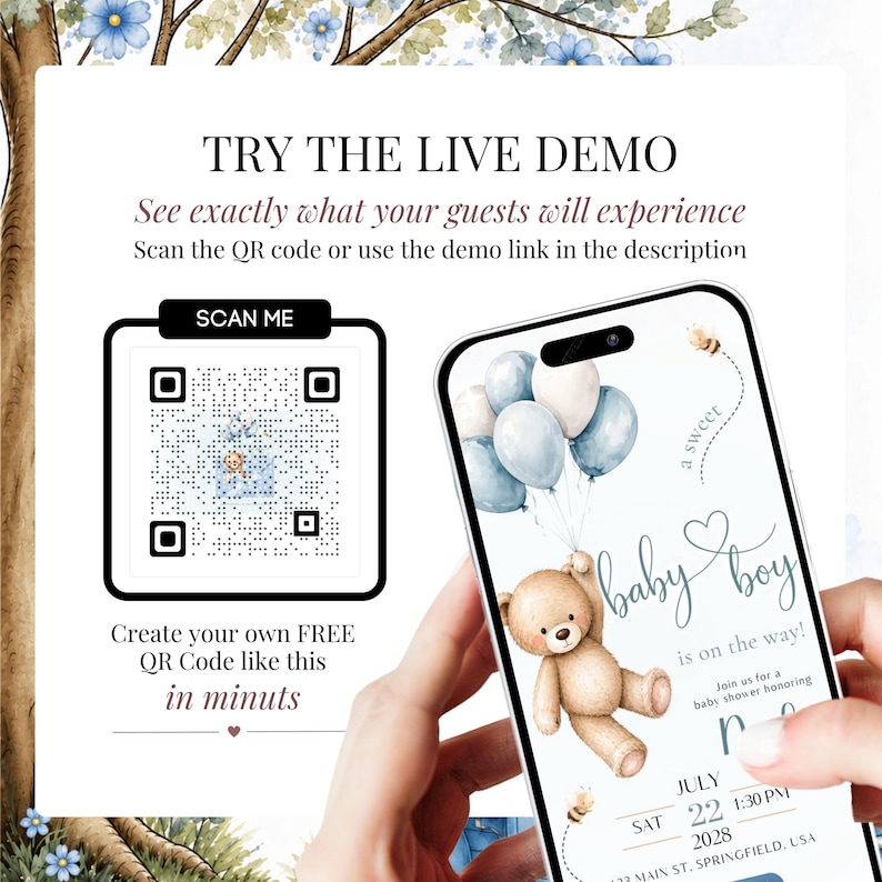 Live demo of the Teddy Bear Baby Shower Website invitation with QR code, editable Canva template, interactive RSVP, blue balloon bear design and mobile-friendly digital invite.