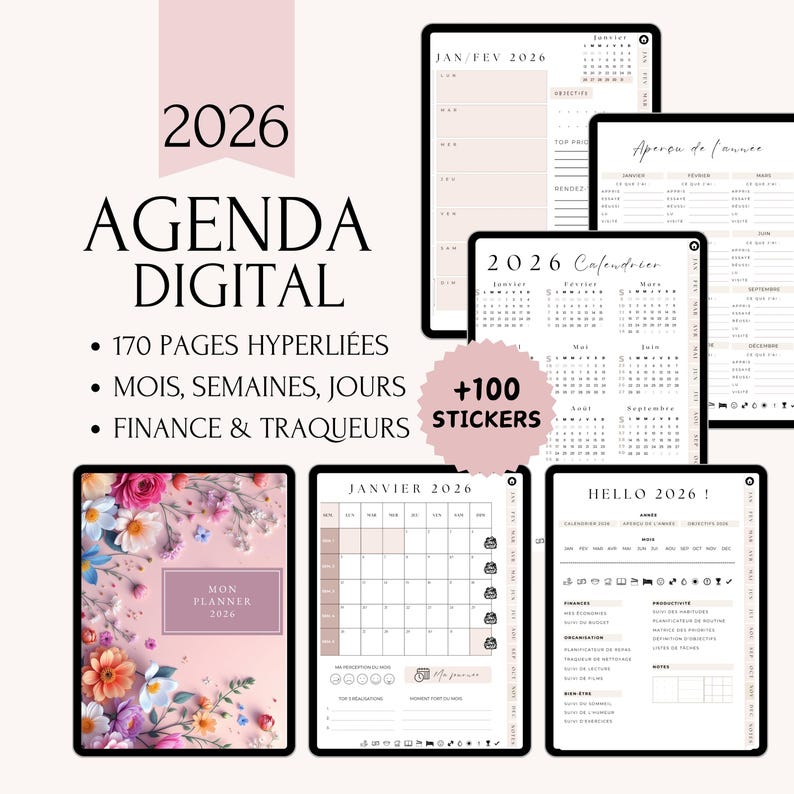 Agenda Digital 2026 en Français – Planner numérique hyperlié avec +170 pages datées (mois, semaines, jours). Inclus : 2 pages par semaine, page journalière duplicable à l’infini, trackers budget, finances, bien-être, objectifs, to-do list, repas, routines. Compatible iPad, tablette, GoodNotes, Notability, PDF. Le meilleur agenda numérique 2026 pour organiser votre année avec style et productivité !