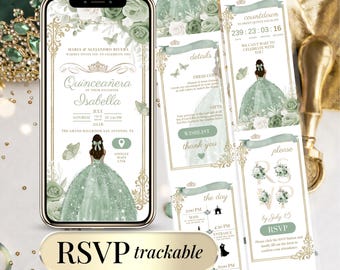 Quinceañera Invitation Sage Green Digital RSVP Online - Mis Quince 15 Anos Canva Editable Template Sweet 15 Birthday, Floral Sweet 16 Invite