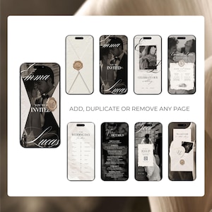 Digital wedding invite Canva template pages that can be added, duplicated or removed, shown across ten phone mockups including envelope, RSVP and wedding details screens.