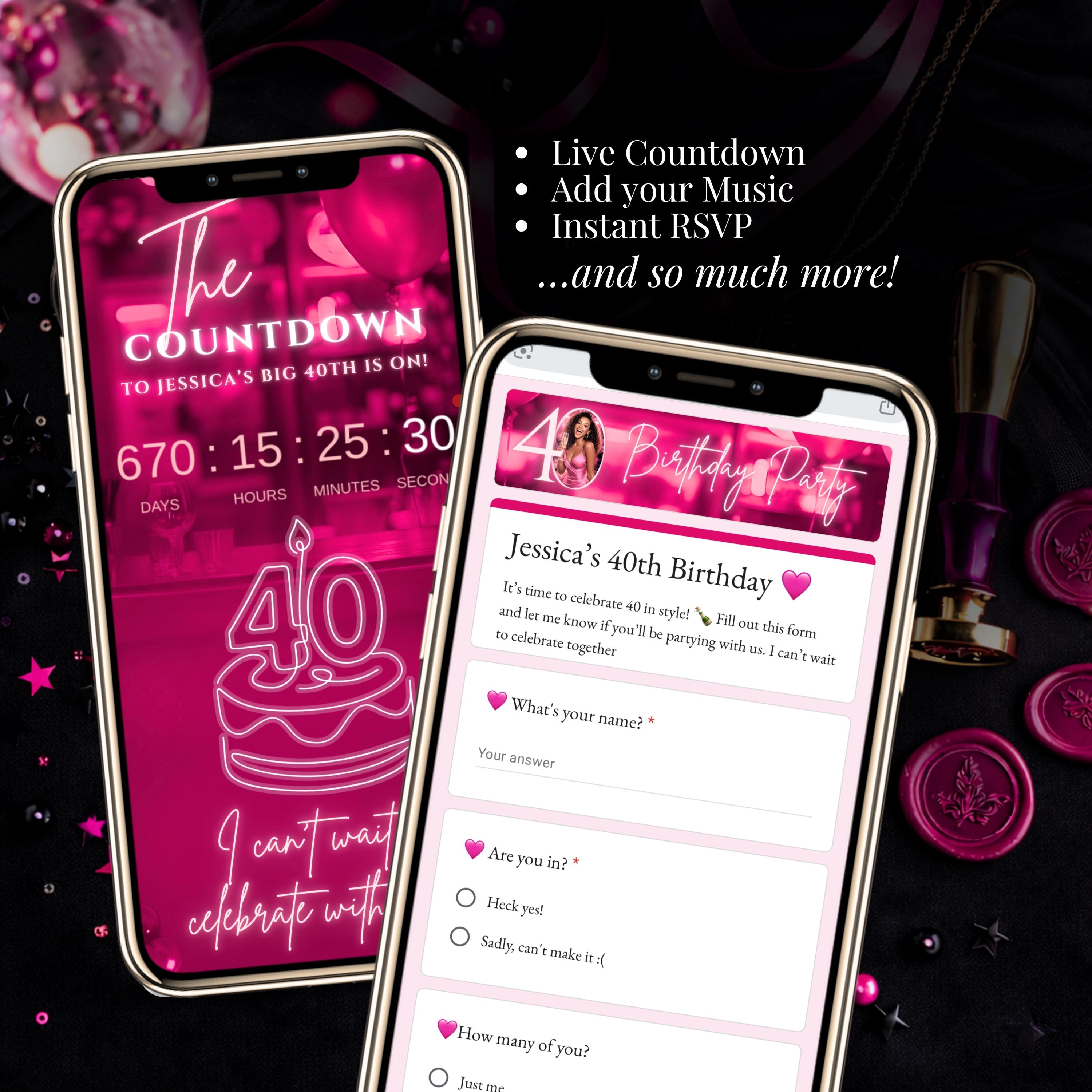 40th Birthday Digital Invitation With RSVP Tracker, Music & Countdown ...