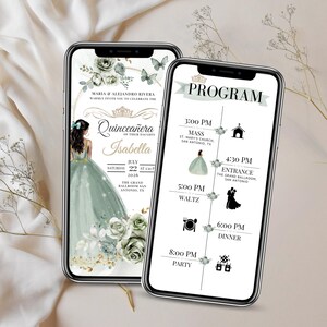 Sage Green Quinceañera Digital Invitation and Event Program – Editable Canva Template with RSVP Tracking – Elegant Floral Design for Modern Quinceañera Celebration
