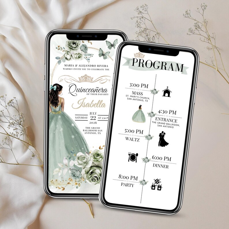 Sage Green Quinceañera Digital Invitation and Event Program – Editable Canva Template with RSVP Tracking – Elegant Floral Design for Modern Quinceañera Celebration