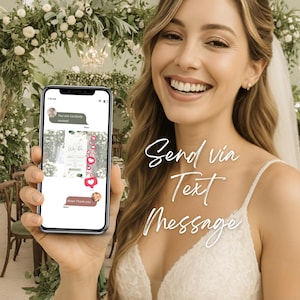 Bride holding phone showing sage green digital wedding invitation sent by text message. Mobile wedding invite with RSVP link, animation and modern Canva template. Screenshot of wedding e invite shared in chat with reactions and hearts. Editable online wedding website that can be sent via SMS, WhatsApp or email, perfect for modern couples planning a digital wedding.