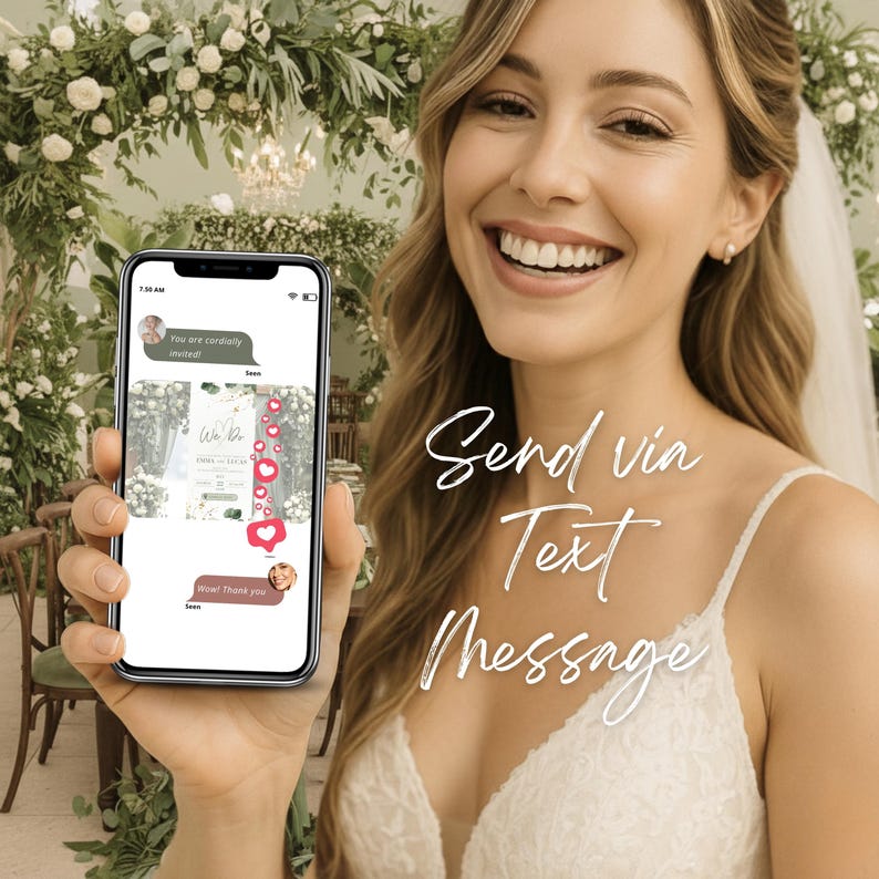 Bride holding phone showing sage green digital wedding invitation sent by text message. Mobile wedding invite with RSVP link, animation and modern Canva template. Screenshot of wedding e invite shared in chat with reactions and hearts. Editable online wedding website that can be sent via SMS, WhatsApp or email, perfect for modern couples planning a digital wedding.